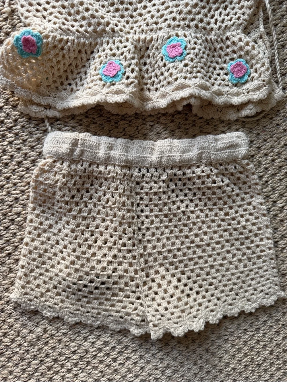 Handmade Crochet Tank Top & Shorts Set - Cream with Pink & Teal Flower Accents